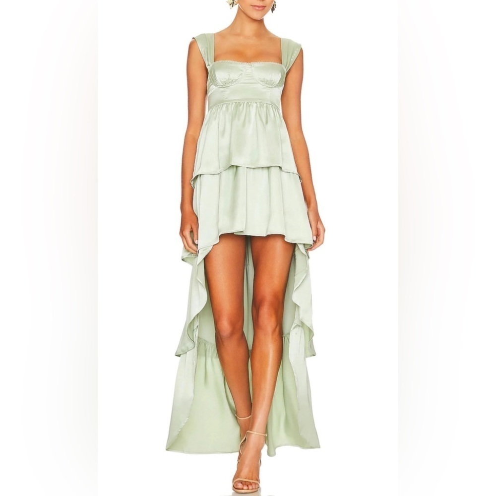 0306 - Corset High Low Maxi Satin Charmeuse Fog Green Dress